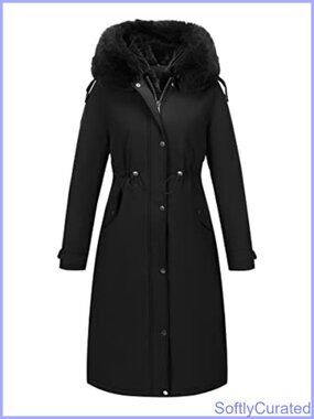 Women Winter Puffer Coat Long Parka Faux Fur Trim Hood Belted
